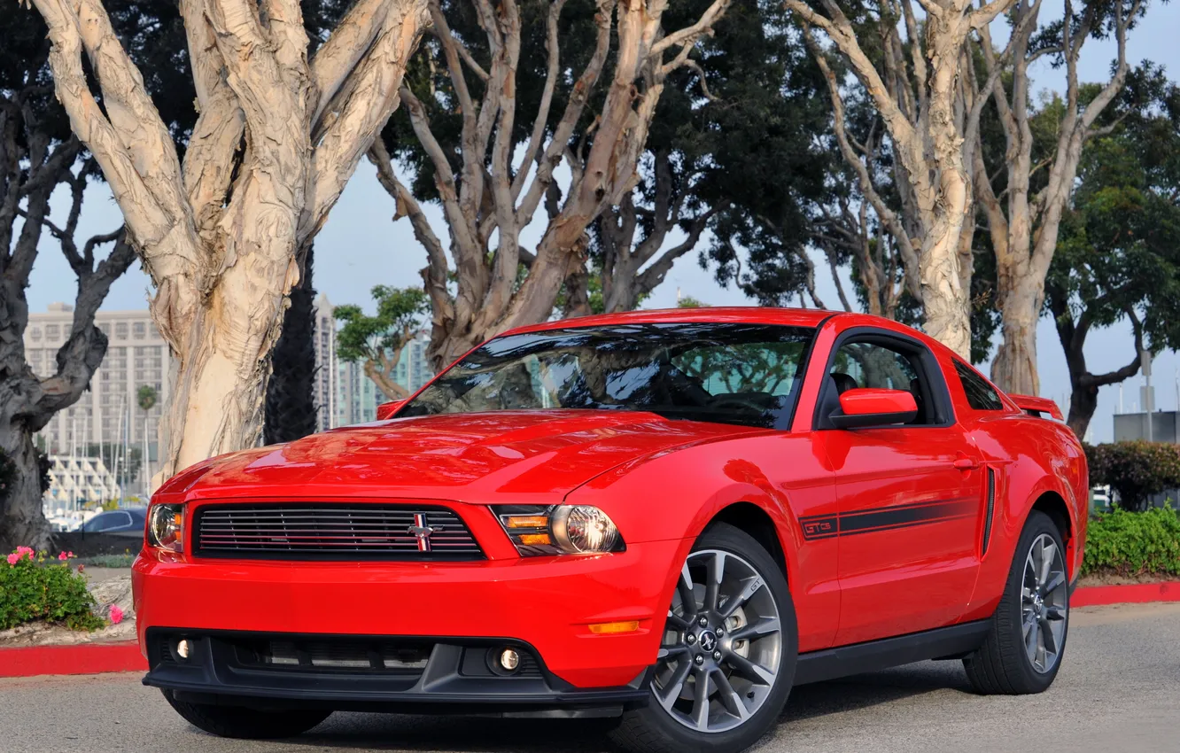 Photo wallpaper car, trees, Mustang, Ford, Mustang, red