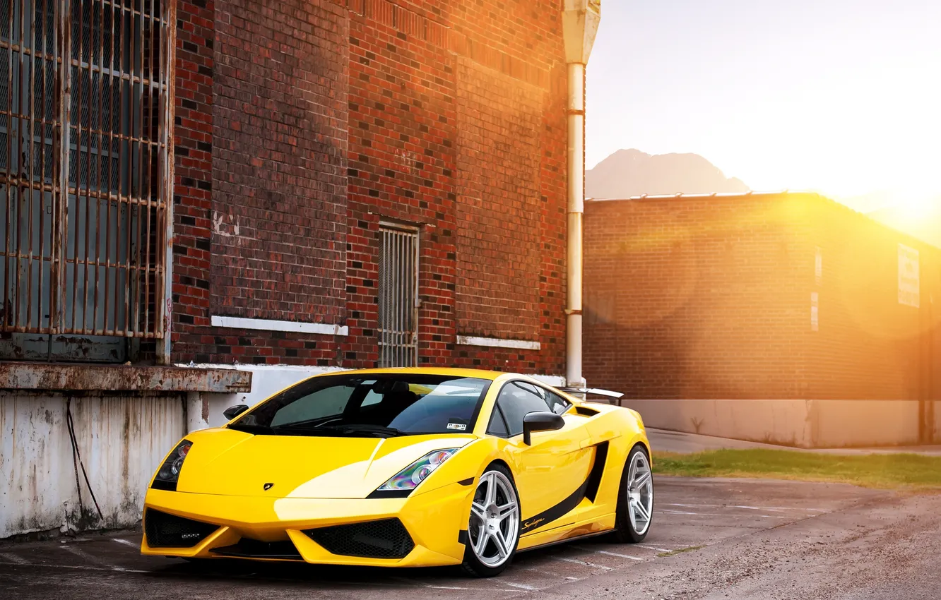 Photo wallpaper the sun, yellow, glare, Lamborghini, Superleggera, Gallardo, Front, Lamborghini