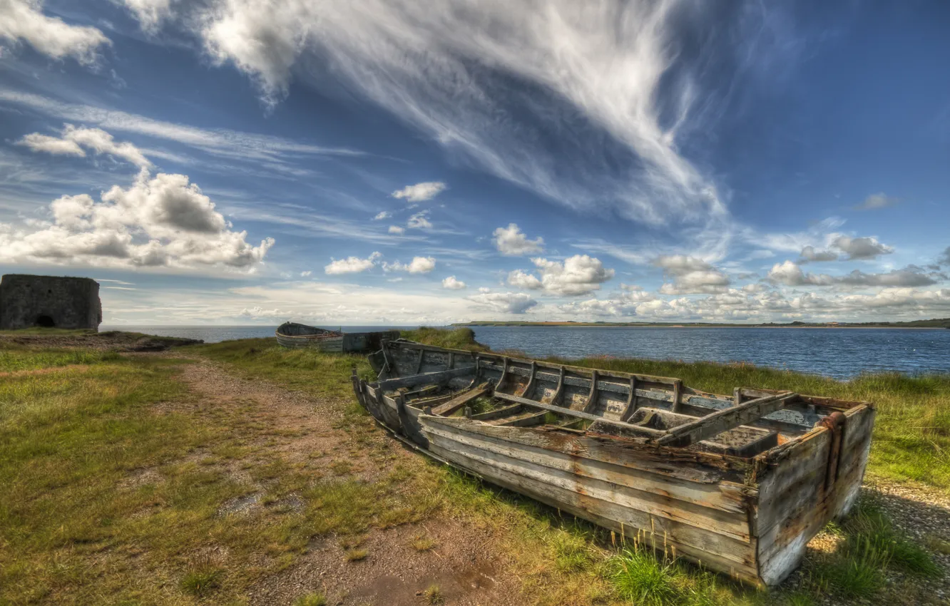 Photo wallpaper sea, grass, clouds, boat, the skeleton, track, path