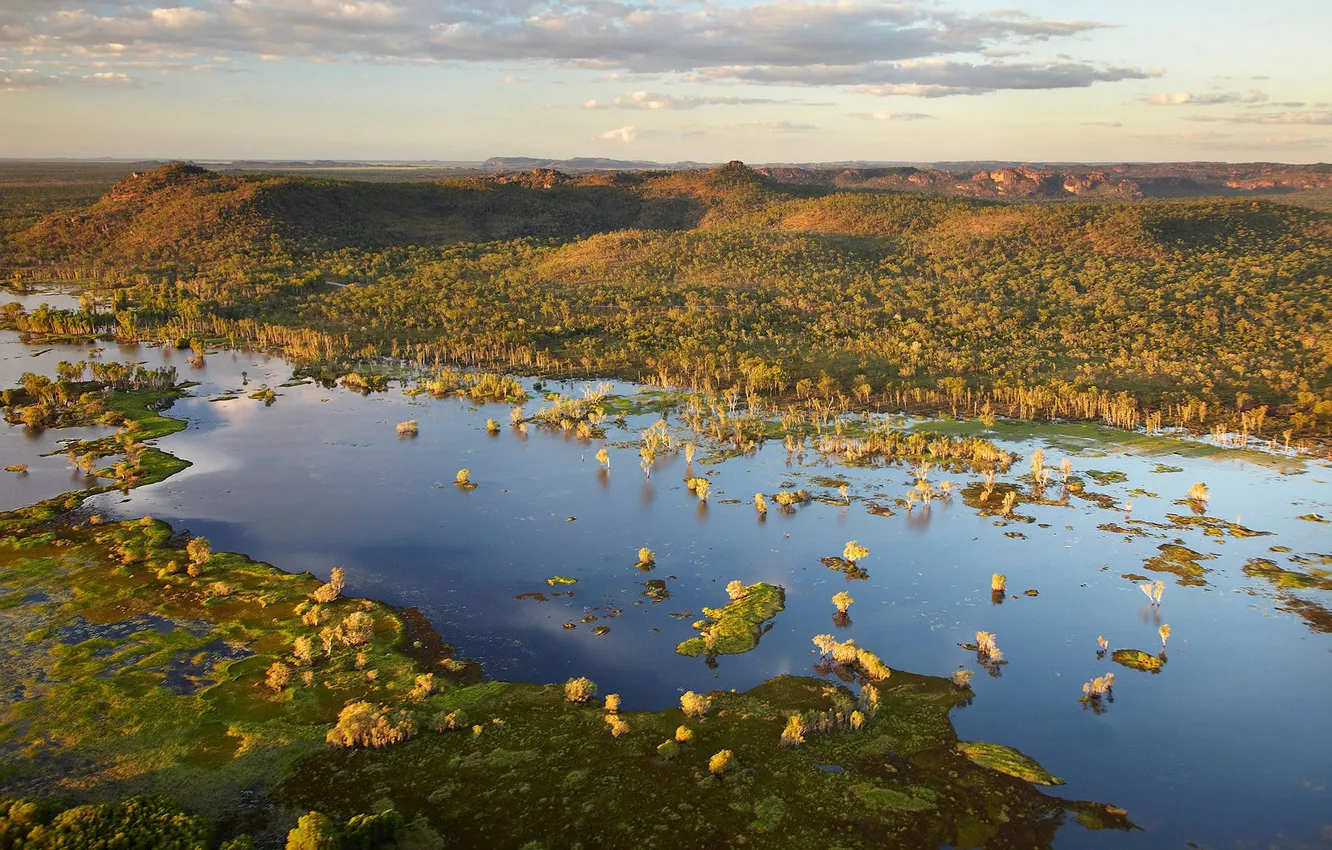 Photo wallpaper trees, landscape, mountains, lake, Australia, Kakadu national Park, Northern Territory