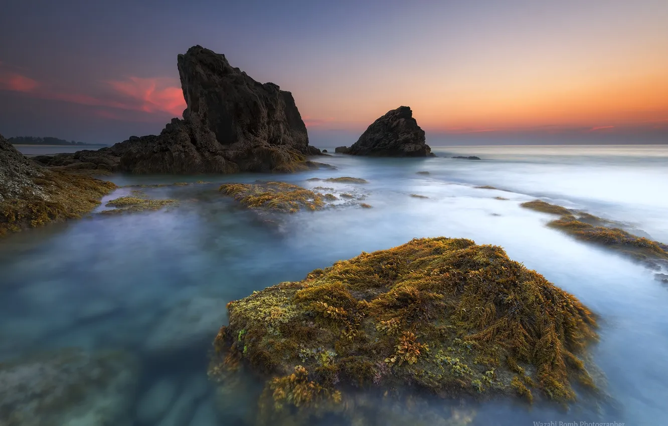 Photo wallpaper sea, rocks, dawn, coast