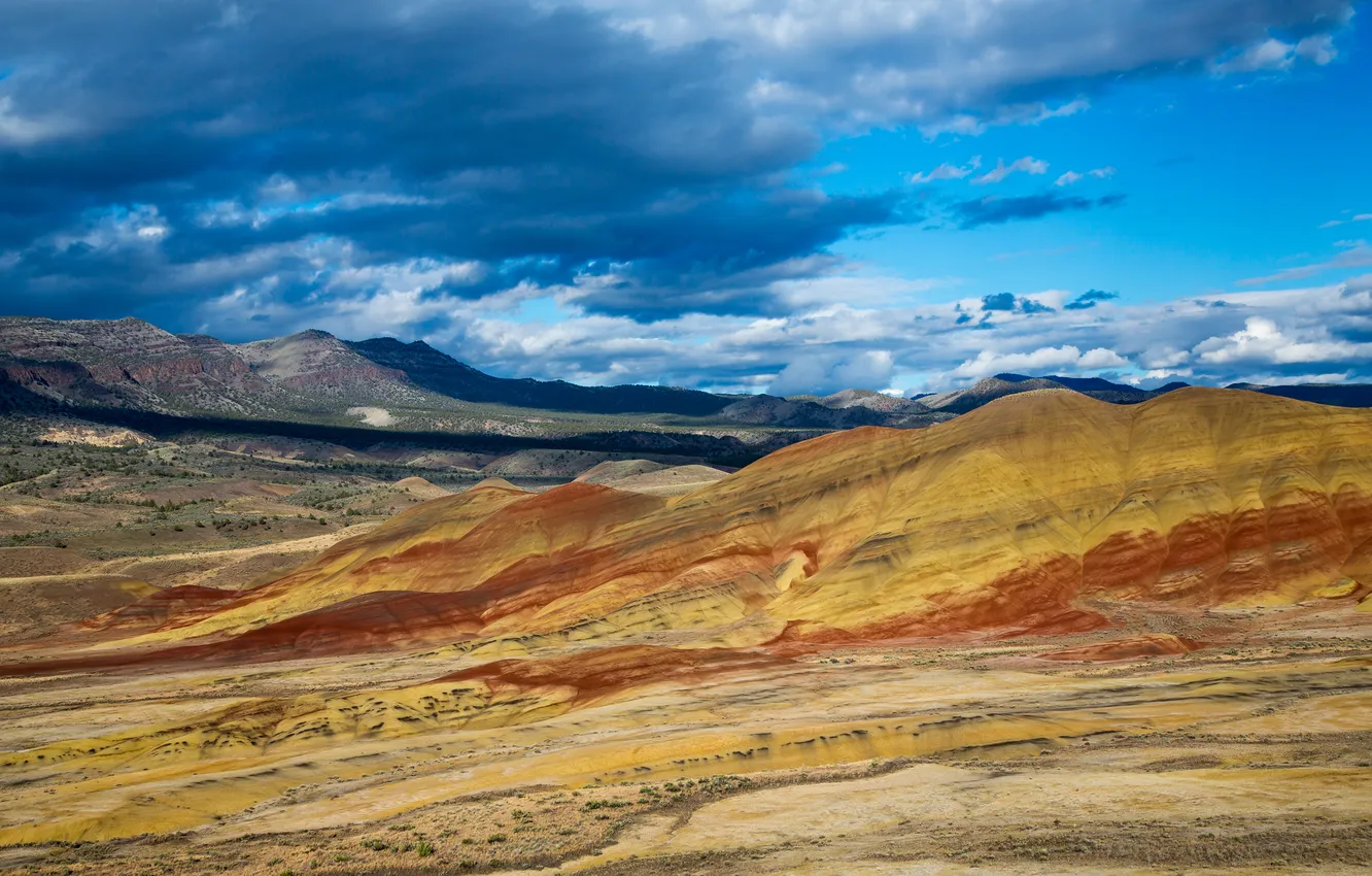 Photo wallpaper the sky, mountains, clouds, desert, USA, Eastern Oregon, The Painted Hills