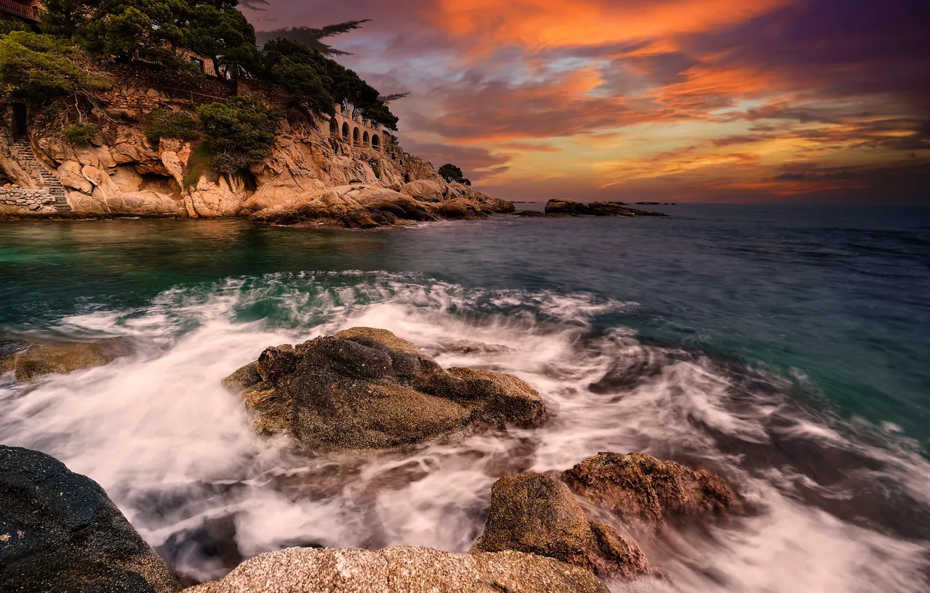 Photo wallpaper sea, sunset, rocks, coast, Spain, Spain, Catalonia, Costa Brava