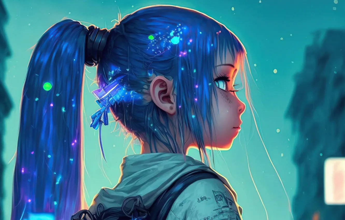 Photo wallpaper night, lights, lights, portrait, girl, girl, blue eyes, blue hair