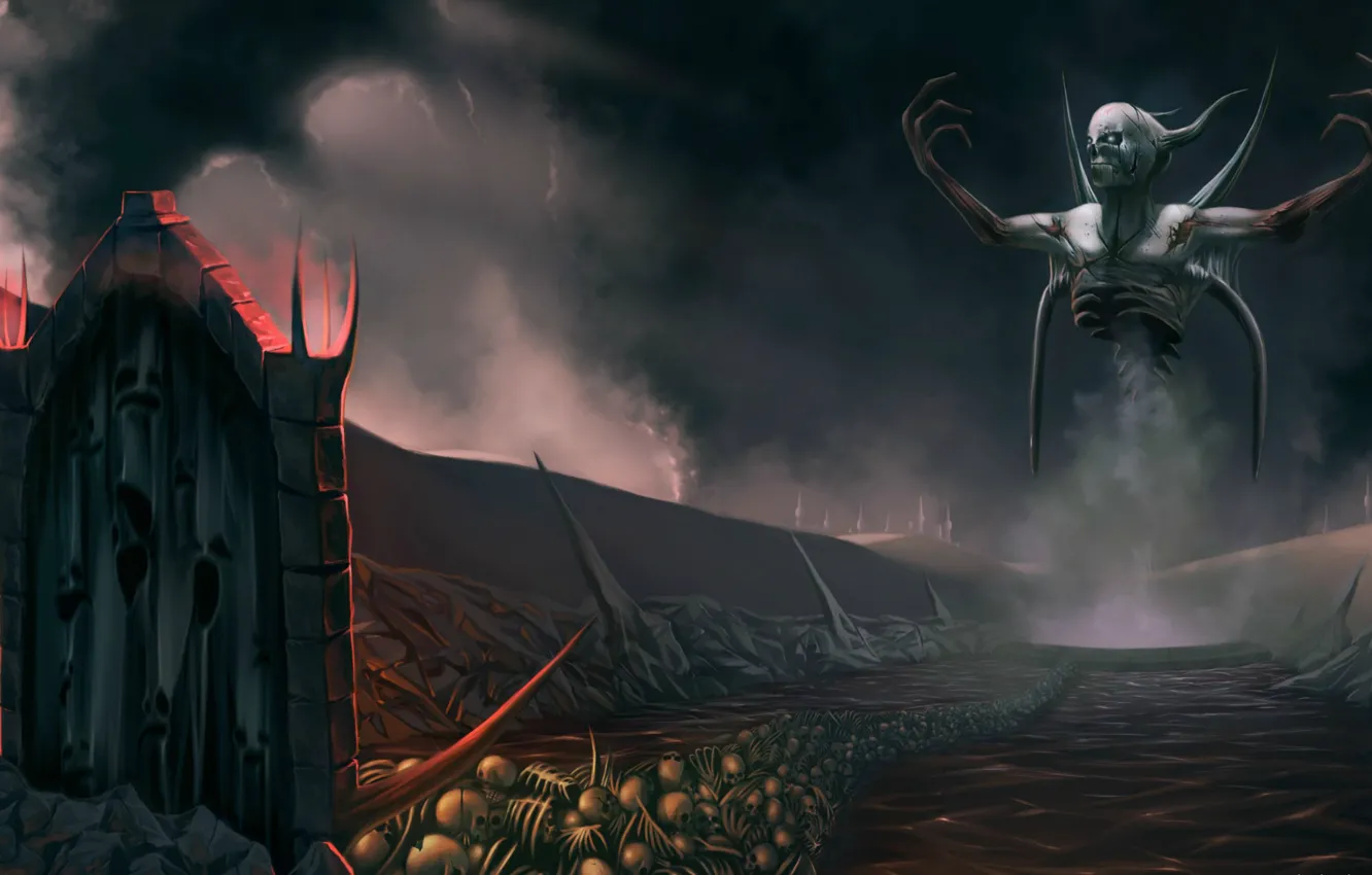 Photo wallpaper road, smoke, skull, bones, skeleton, horns, Hell, the devil