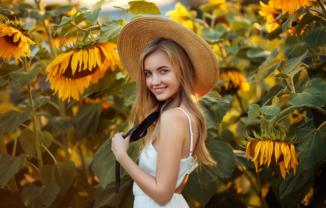 Photo wallpaper sunflowers, hat, Dasha, Dmitry Arhar