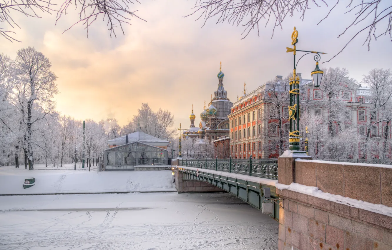 Photo wallpaper winter, snow, bridge, the city, river, building, Peter, lights