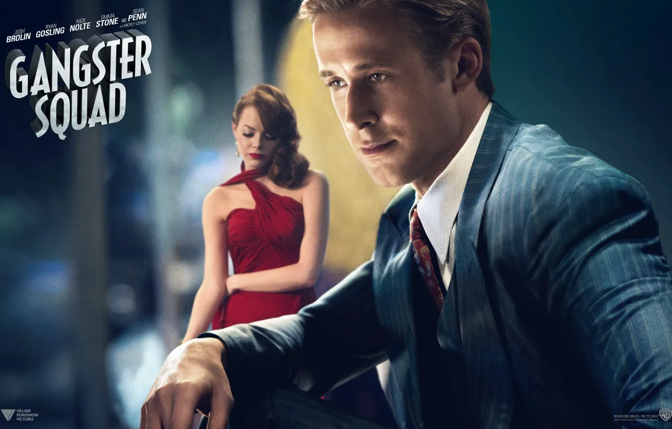 Photo wallpaper dress, costume, tie, emma stone, ryan gosling, sgt. jerry wooters, Ryan Gosling, gangster squad