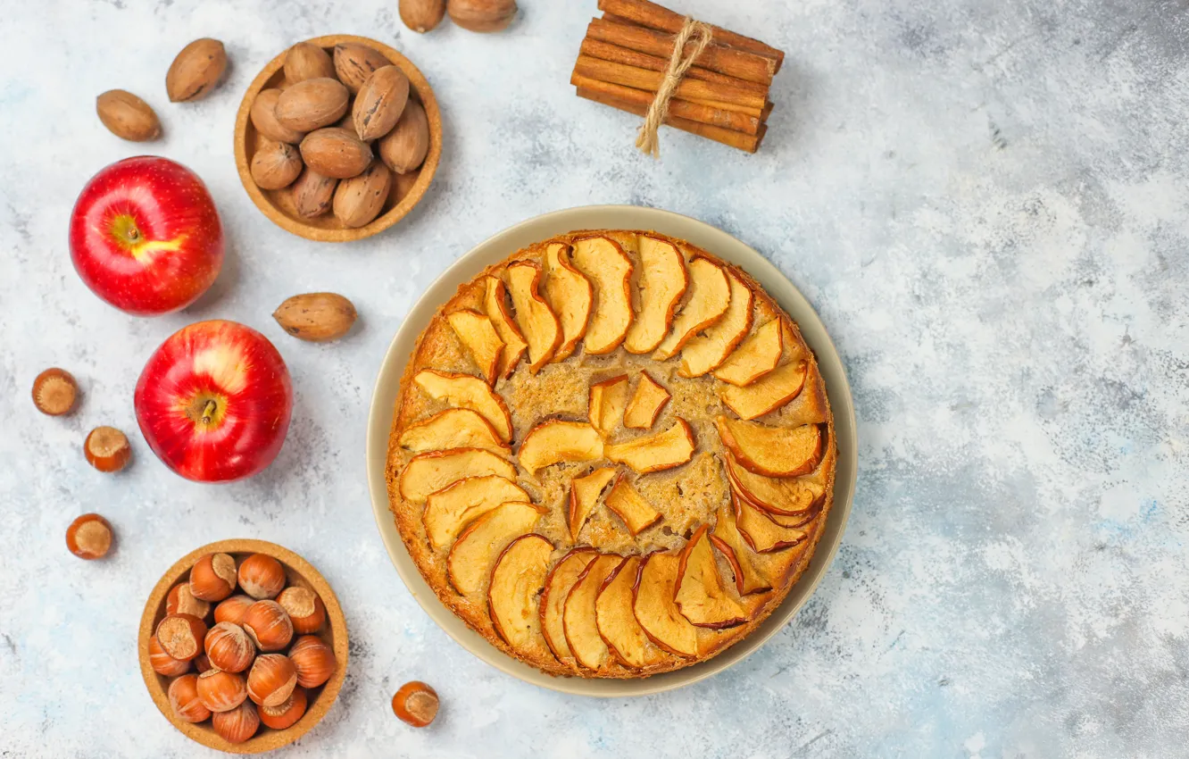 Photo wallpaper apples, pie, nuts, cinnamon, cakes, apples, Charlotte, bake