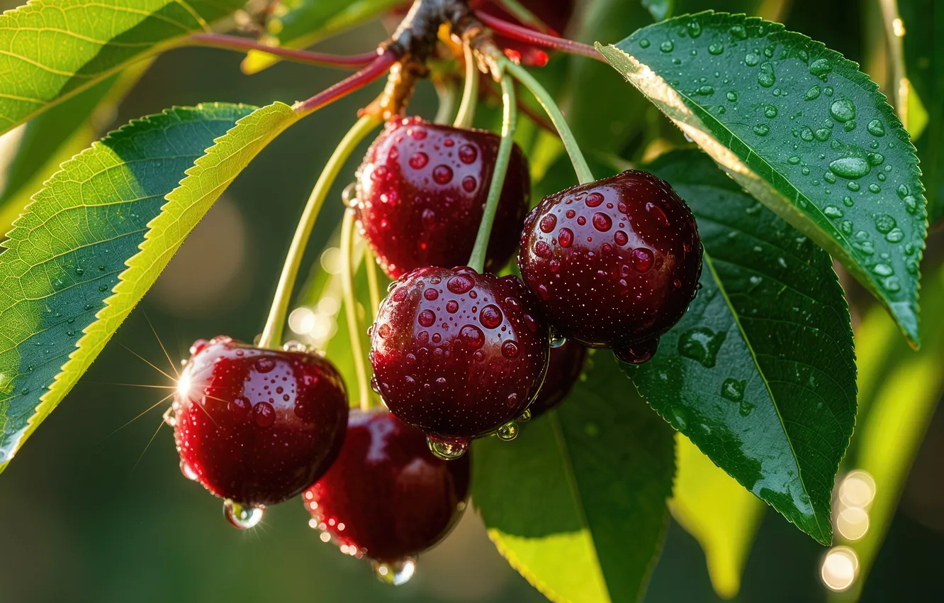 Photo wallpaper drops, berries, cherry, AI art, neural network