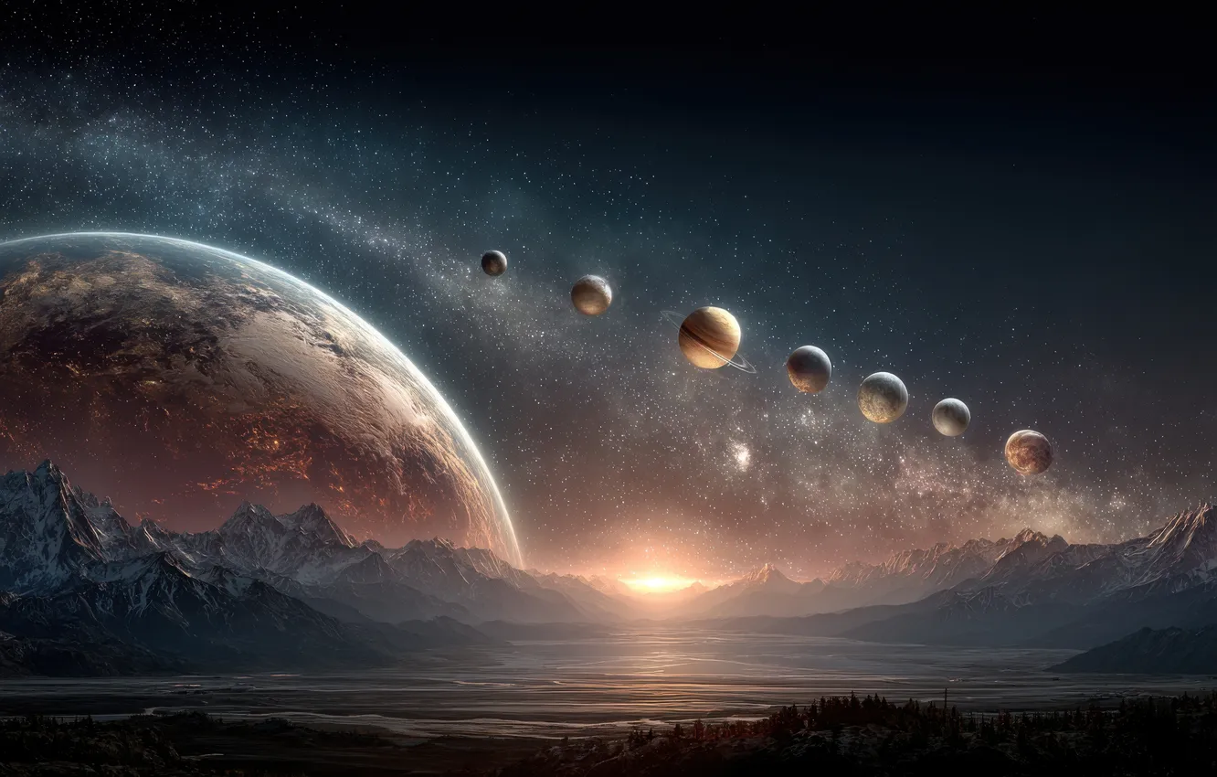 Photo wallpaper space, stars, landscape, mountains, dawn, earth, planet, dal