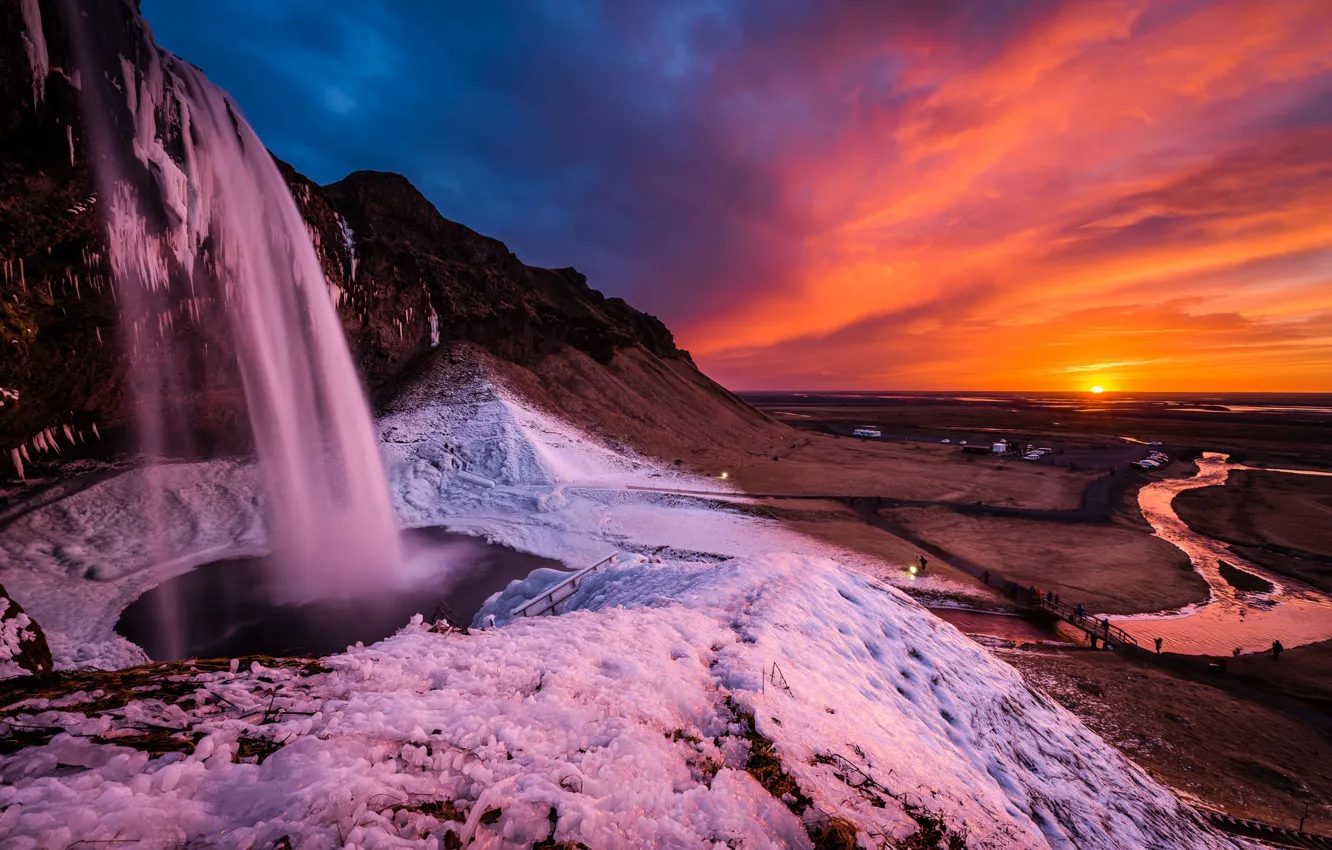 Photo wallpaper landscape, sunset, nature, rocks, waterfall, ice, Iceland, Seljalandsfoss