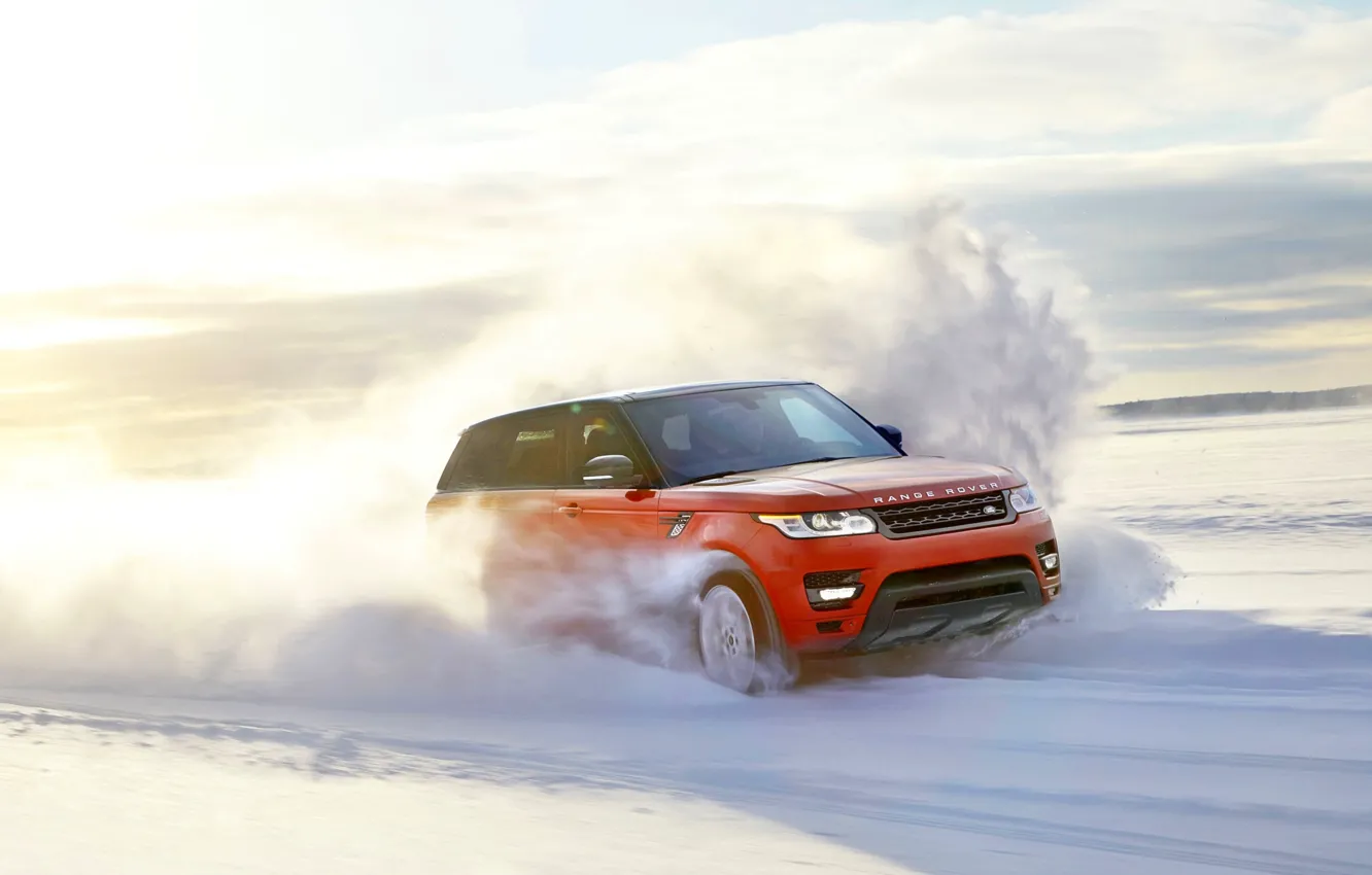 Photo wallpaper The sun, Red, Winter, Snow, Speed, Day, Land Rover, Range Rover