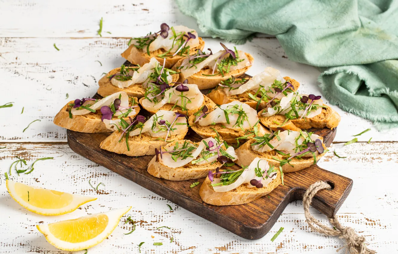 Photo wallpaper greens, lemon, fish, sandwiches