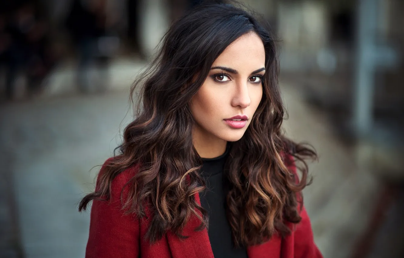 Photo wallpaper look, model, portrait, makeup, brunette, hairstyle, coat, bokeh