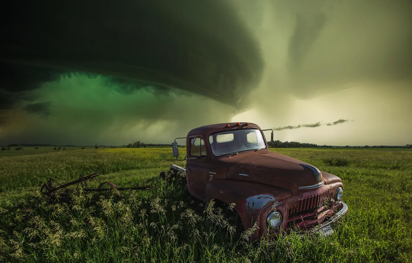 Photo wallpaper field, machine, the sky, clouds, storm, pickup, truck