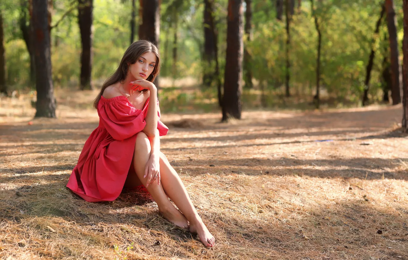 Photo wallpaper look, girl, pose, red dress, nature, Elizabeth, Murat Kojahmetov