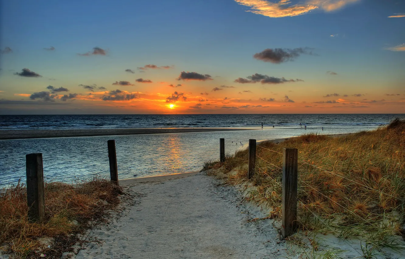 Photo wallpaper sand, sea, beach, the sky, the sun, landscape, sunset, nature