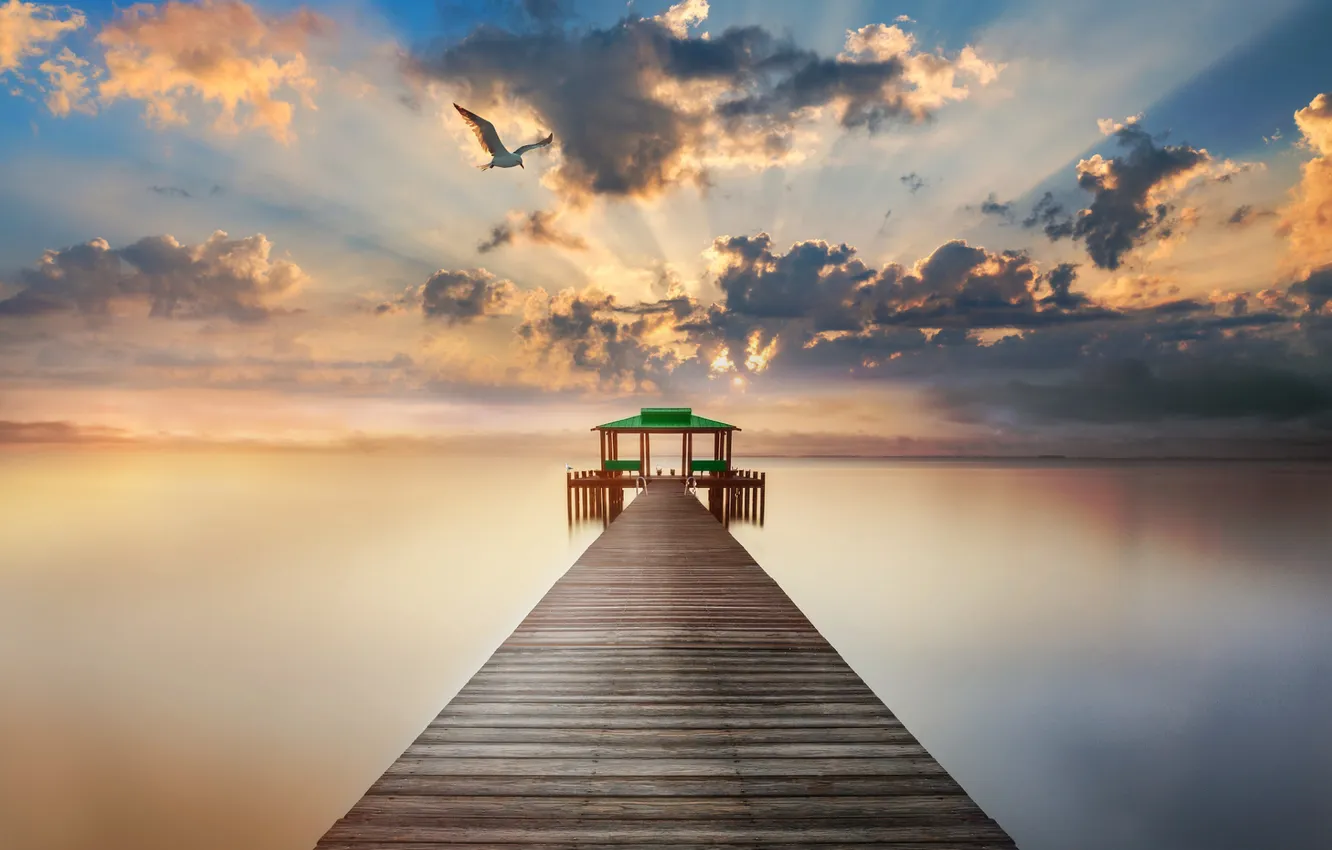 Photo wallpaper sea, the sky, clouds, seagulls, the evening, pier, calm, dawn