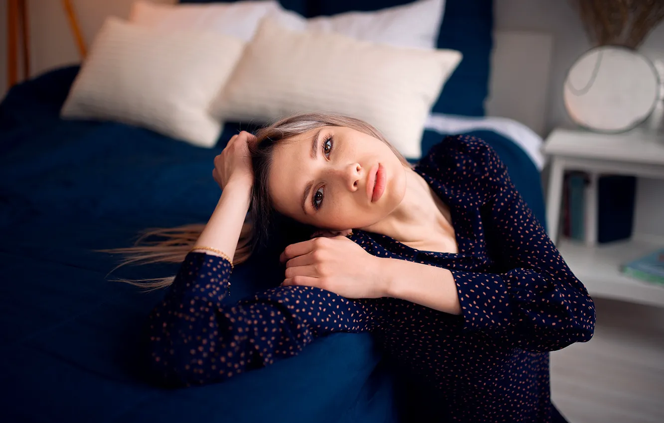 Photo wallpaper girl, pose, bed, pillow, blouse, brown hair, Nikolai Brekhov