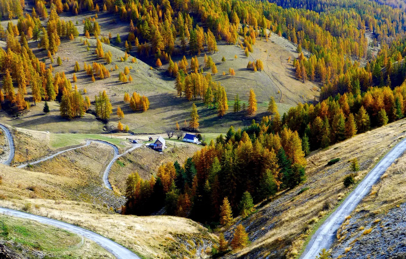 Photo wallpaper autumn, trees, mountains, nature, house, France, Valberg