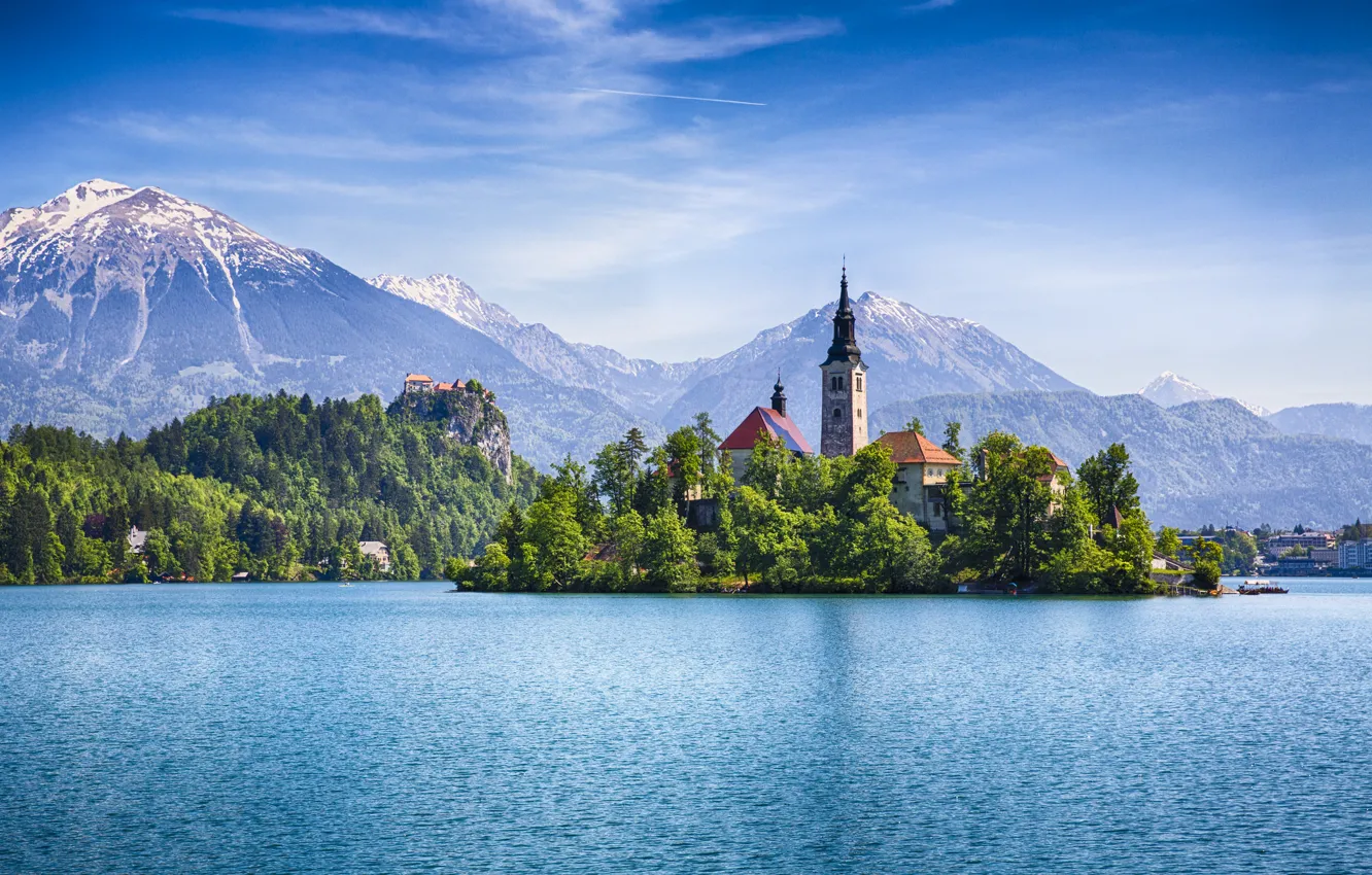 Photo wallpaper mountains, reflection, home, Slovenia, blue sky, Lake Bled