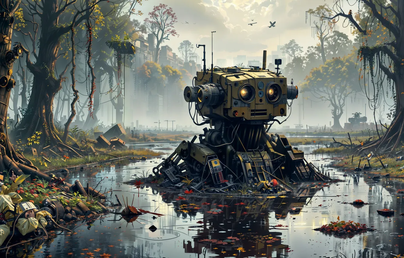 Photo wallpaper forest, robot, jungle, devastation
