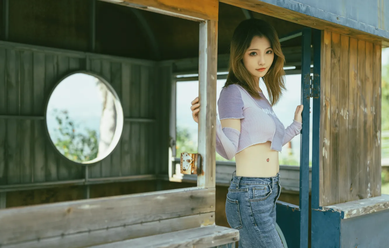 Photo wallpaper model, women, jeans, asian, casual, crop top, Taoliang Azhai