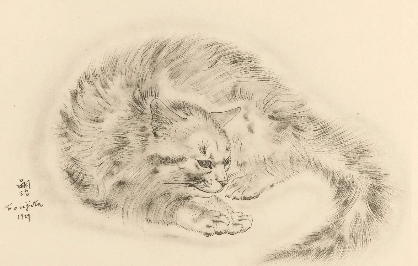 Photo wallpaper cat, tail, sad, 1930, Tsuguharu Foujita, The Book Of Cats