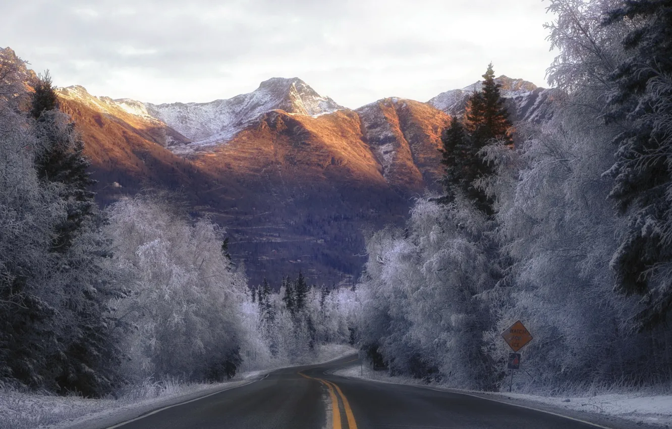 Photo wallpaper road, mountains, morning