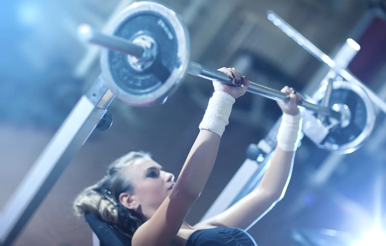 Photo wallpaper woman, fitness, gym, weight bar