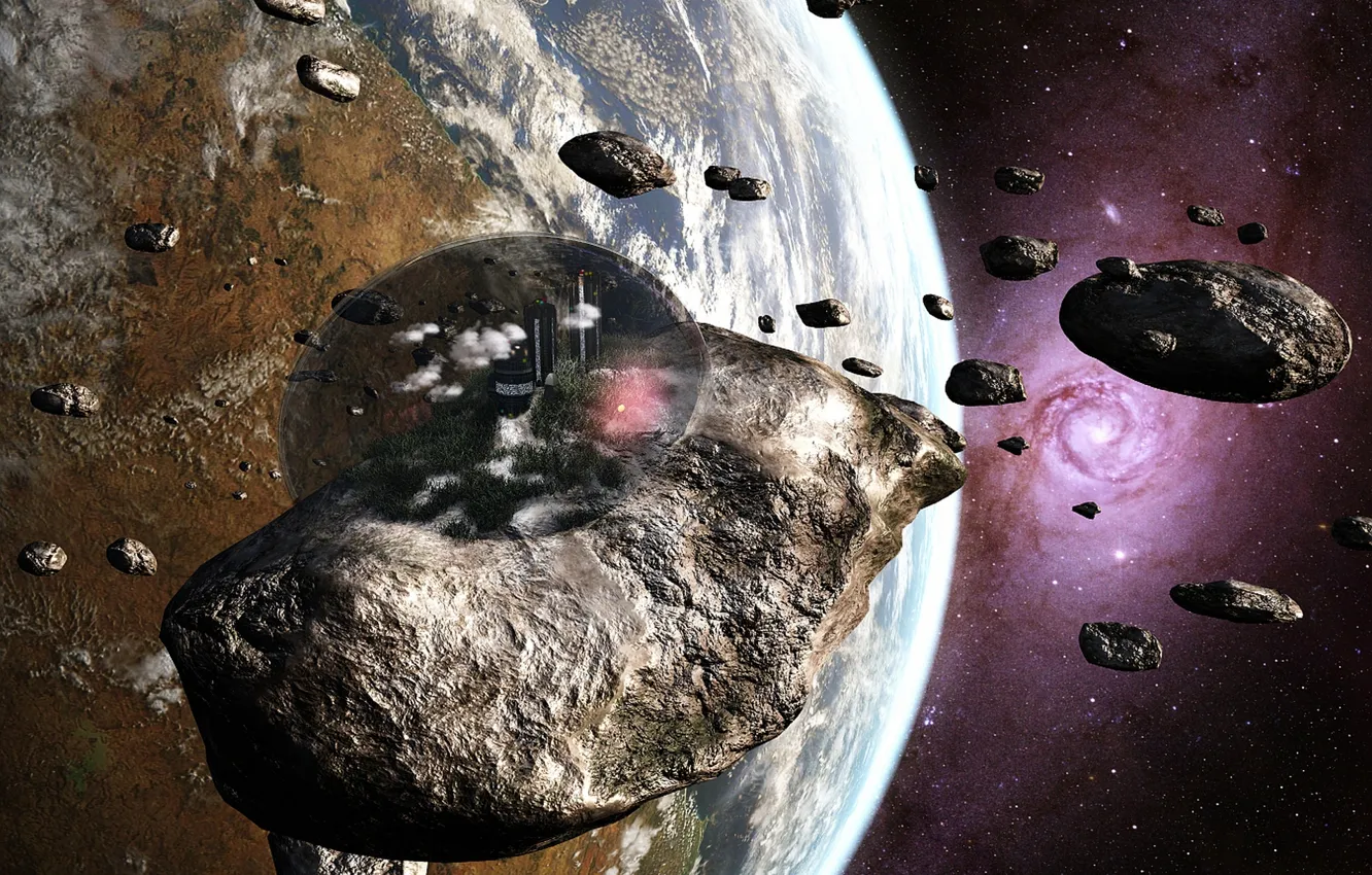 Photo wallpaper forest, space, stars, clouds, city, the city, building, planet