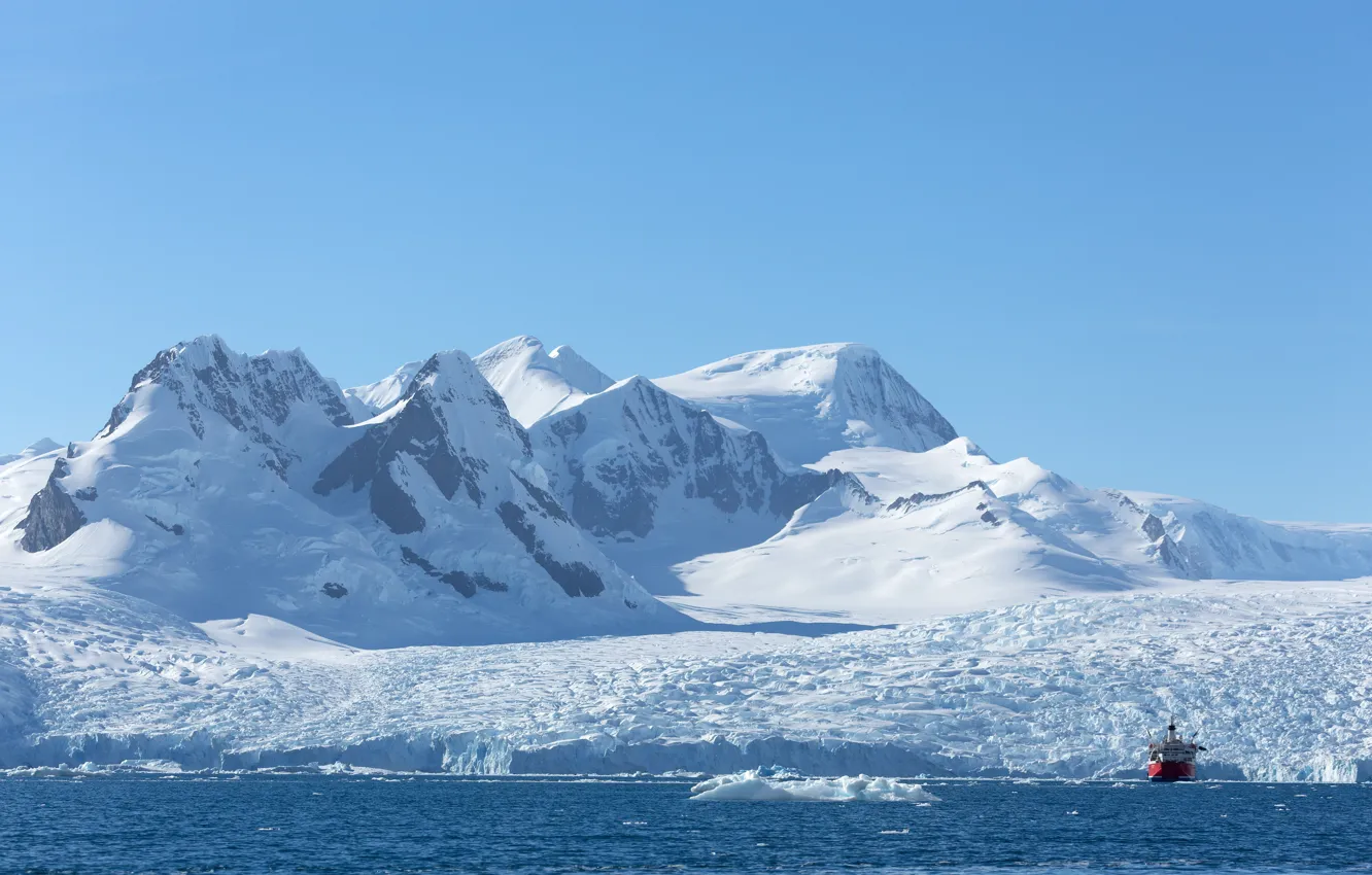 Photo wallpaper snow, mountains, ship, ice, Antarctica