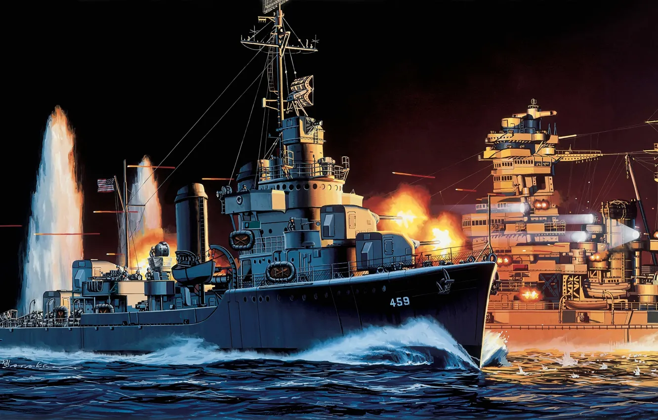 Photo wallpaper Islands, ship, ships, battle, art, Navy, American, military
