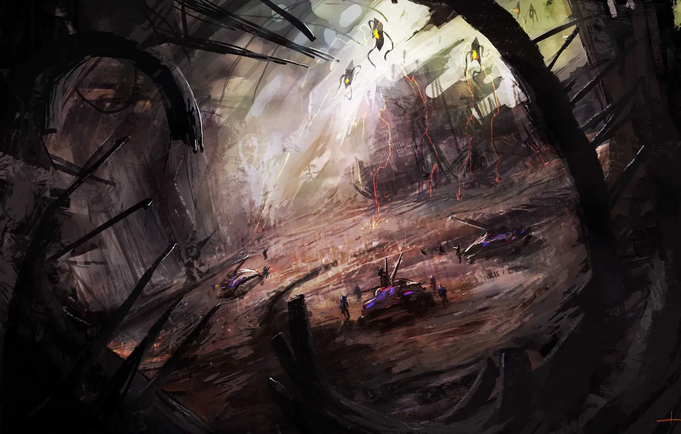 Photo wallpaper the city, monster, art, attack, ruins, battle