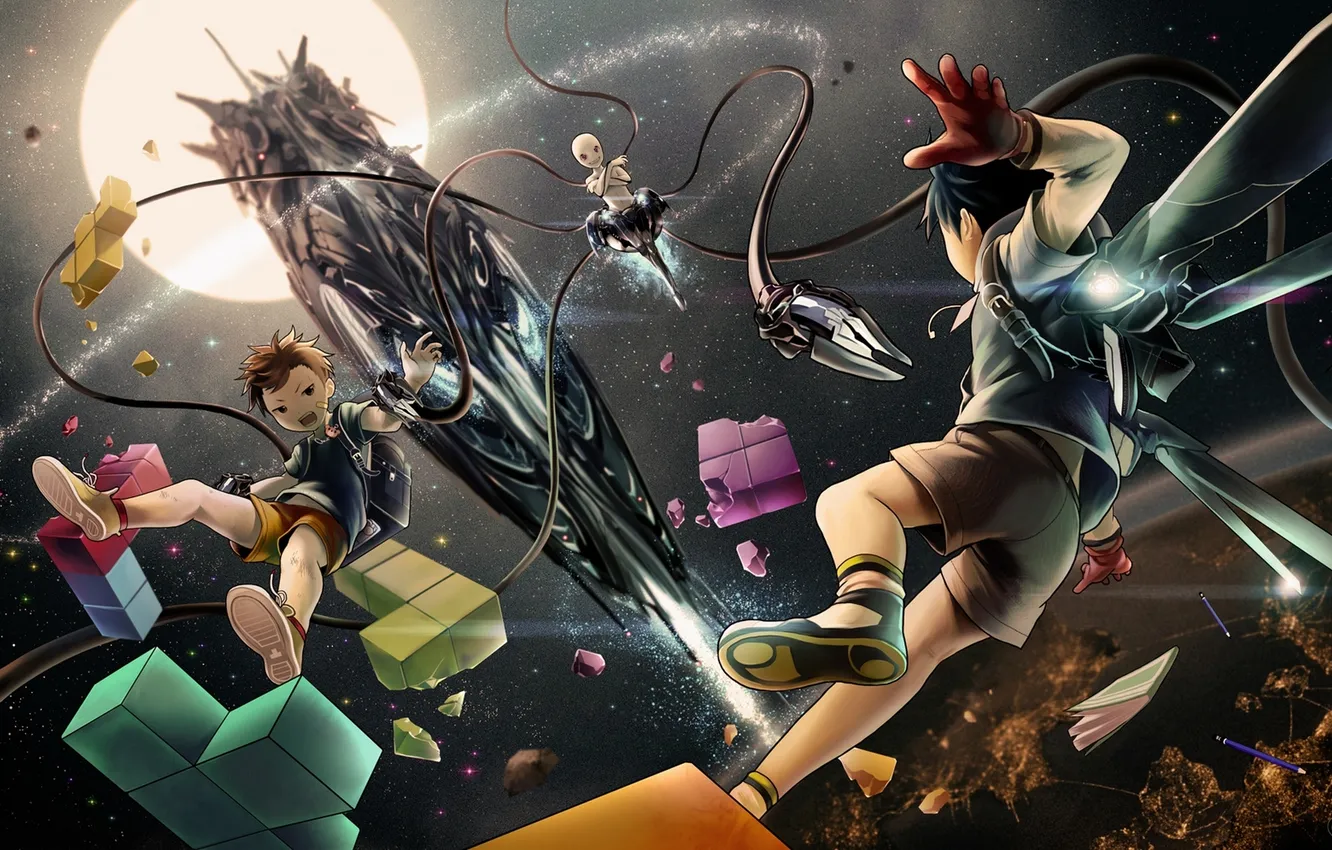 Photo wallpaper space, stars, earth, ship, planet, anime, boy, figure