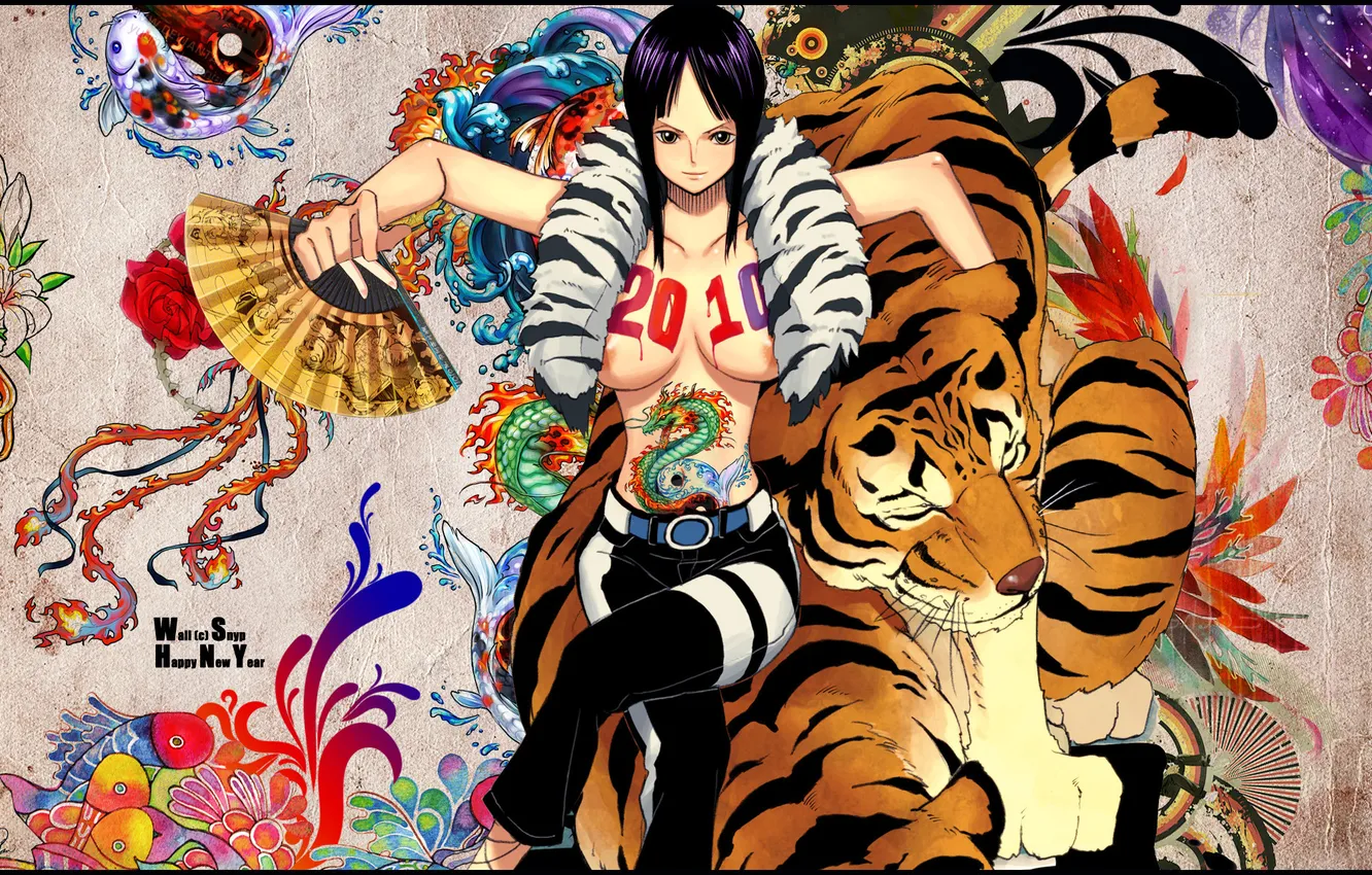Photo wallpaper girl, tiger, pattern, new year, 2011