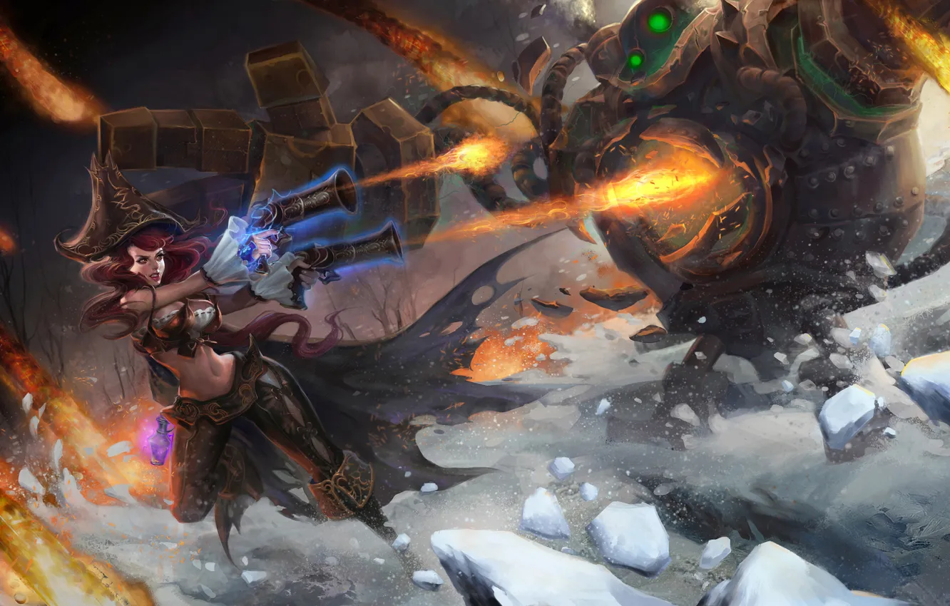 Photo wallpaper ice, girl, snow, weapons, monster, battle, League of Legends, Miss Fortune