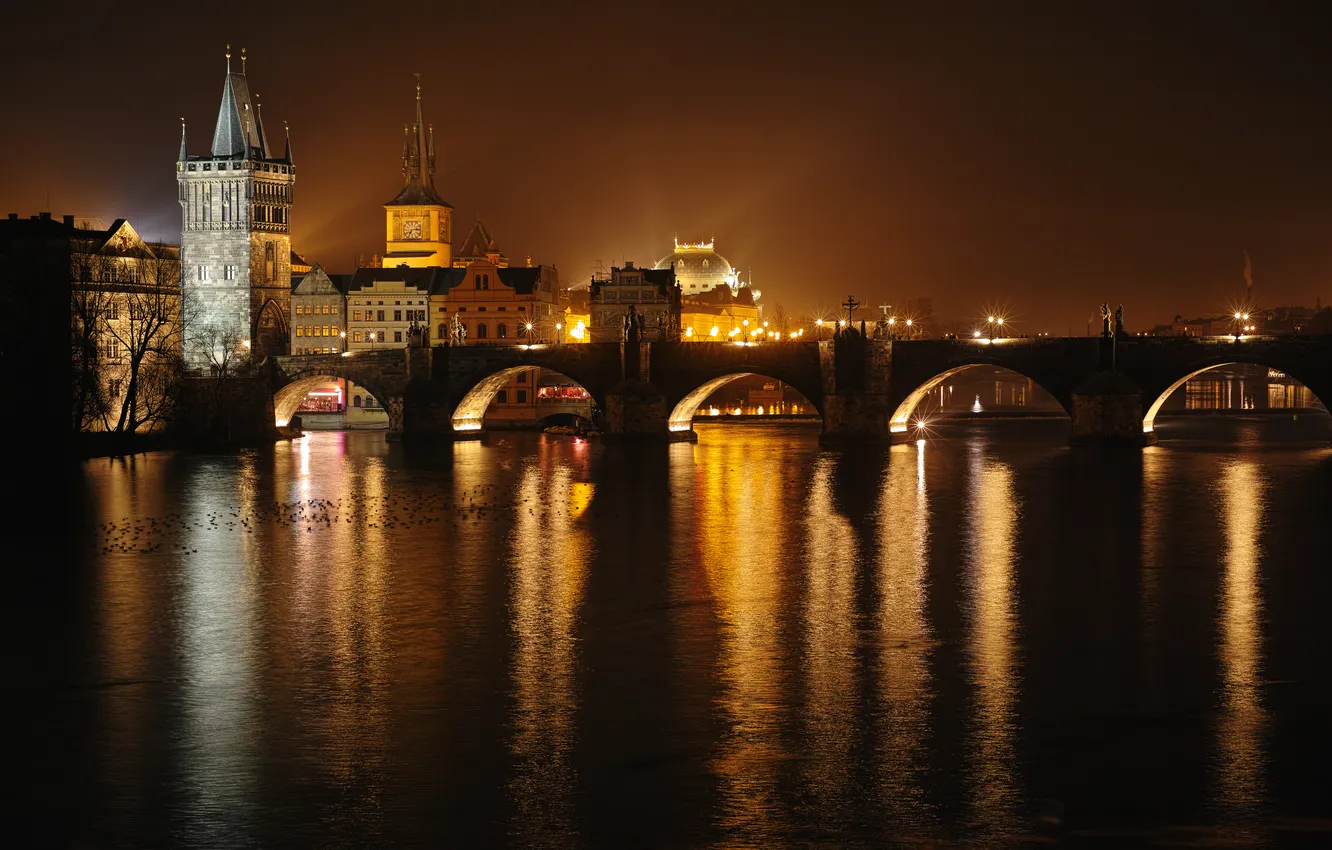 Photo wallpaper Vltava, Charles bridge, night Prague
