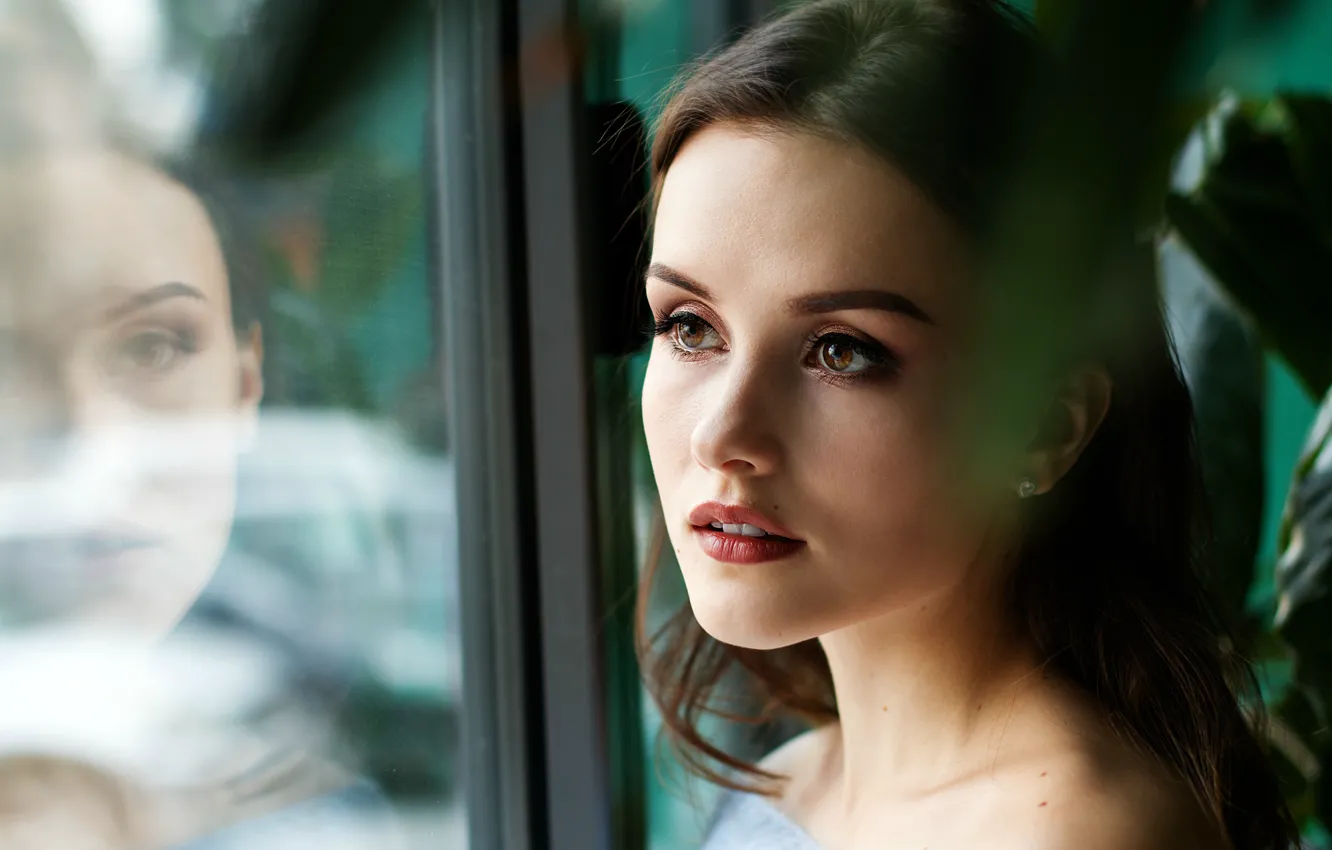 Photo wallpaper girl, window, beautiful girl, reflection, portrait