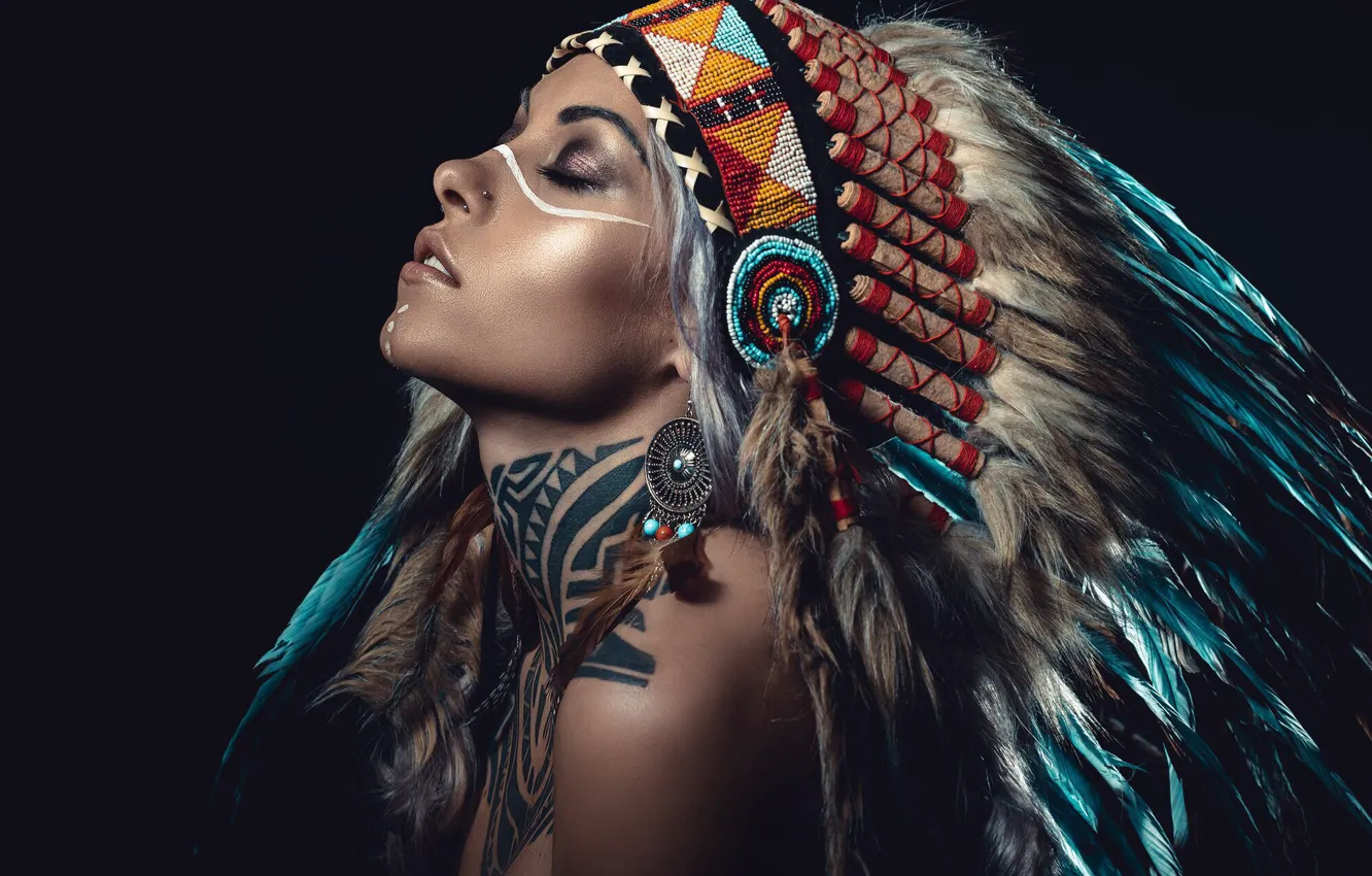 Photo wallpaper woman, feathers, tattoo, cosplay, American aborigine