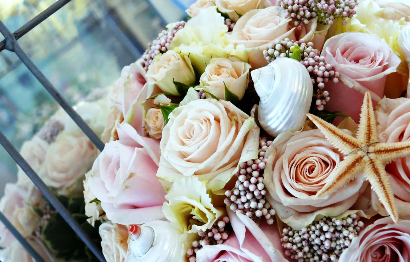 Photo wallpaper flowers, bouquet, shell, starfish