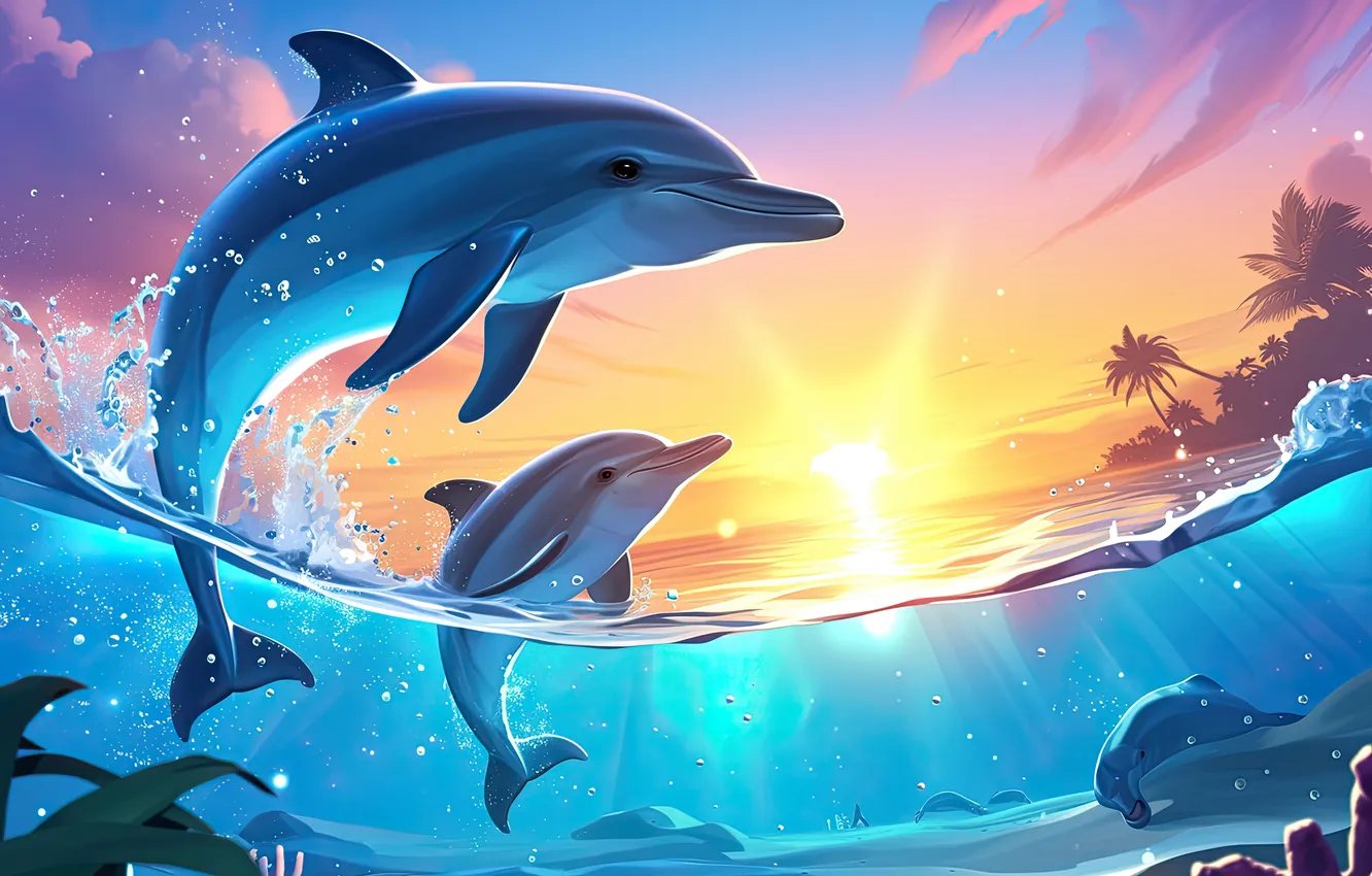 Photo wallpaper water, clouds, palm trees, dawn, dolphins, digital art, AI art, The Art of Artificial Intelligence