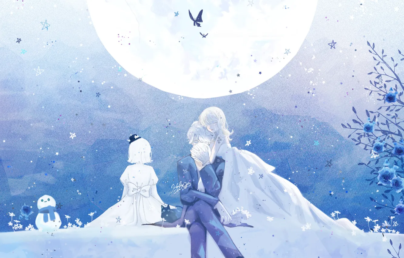 Photo wallpaper girl, flowers, the moon, butterfly, snowman, guy