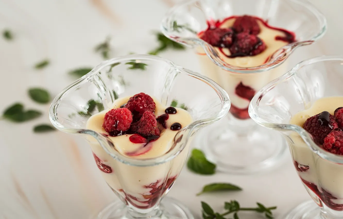 Photo wallpaper glass, berries, raspberry, food, dessert, bokeh, syrup, milk