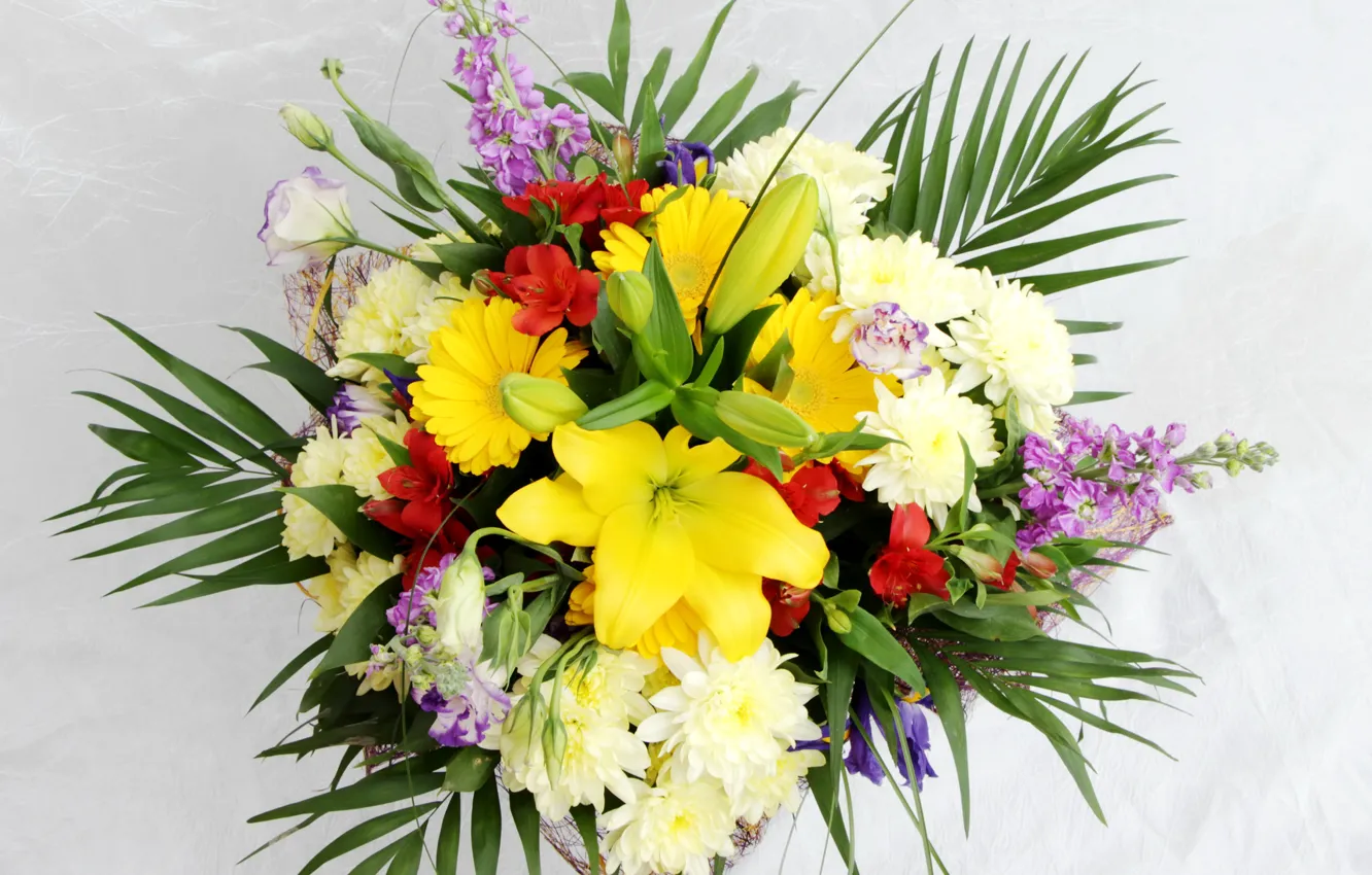 Photo wallpaper flowers, Lily, bouquet, gerbera, chrysanthemum