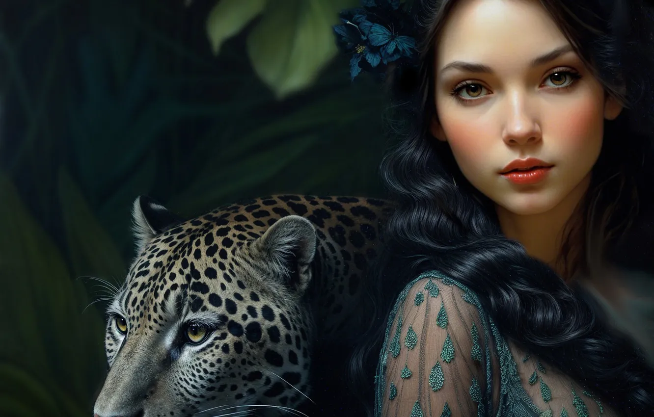 Photo wallpaper look, leaves, girl, brunette, jungle, leopard, braid, black background