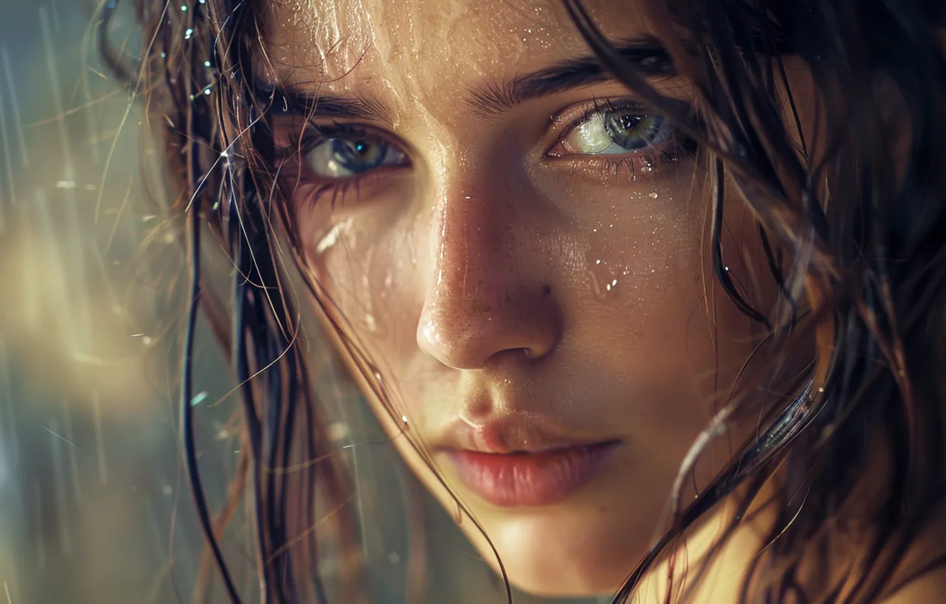Photo wallpaper look, water, girl, drops, squirt, close-up, face, portrait