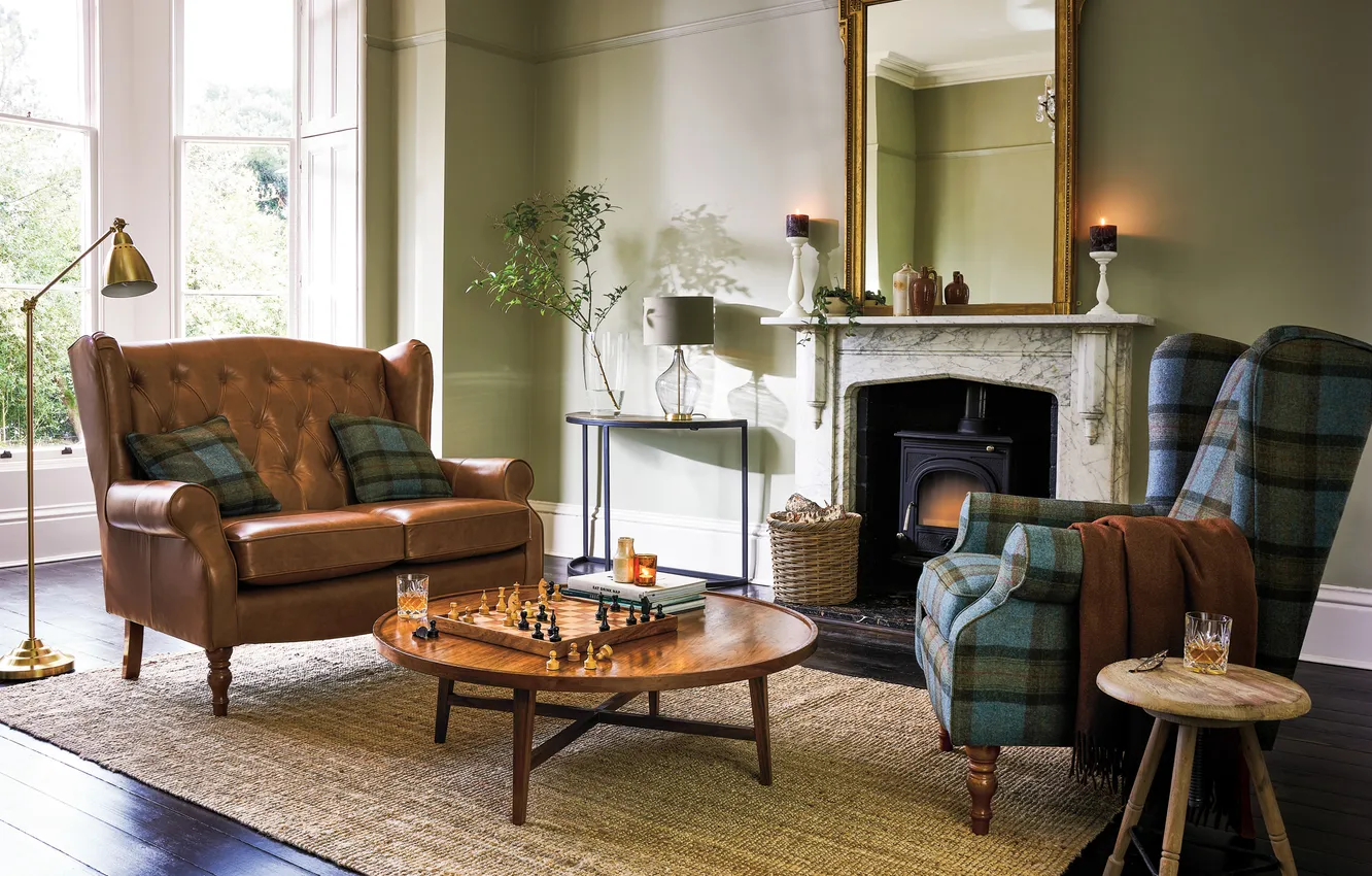 Photo wallpaper design, style, room, lamp, interior, chair, candles, chess