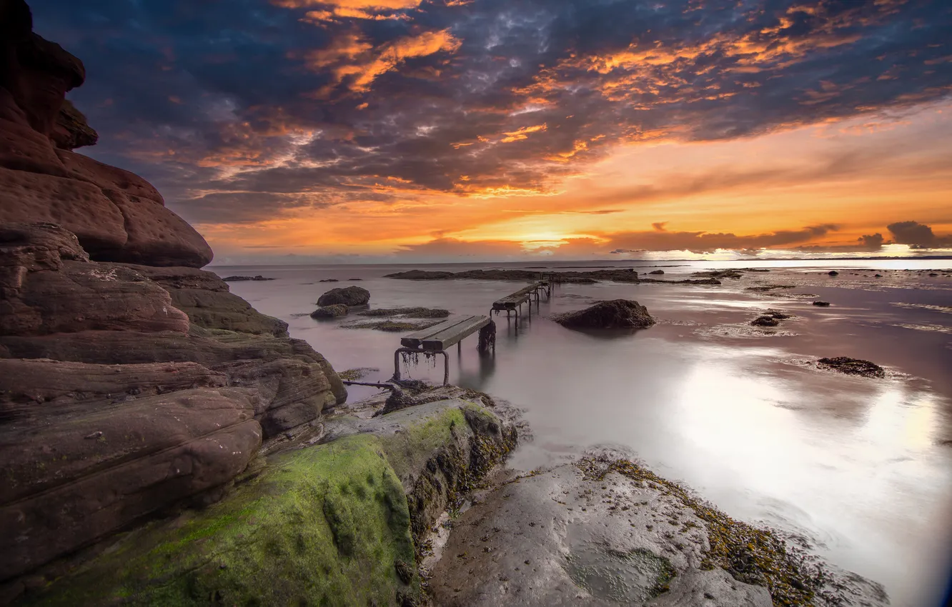 Photo wallpaper sea, sunset, rocks